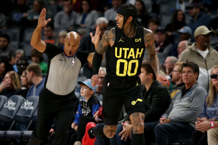 Jazz guard Jordan Clarkson (00) reacts after a three-point basket during the first half against the Memphis Grizzlies at FedExForum.